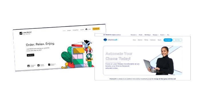 View of two website interfaces with modern and dark design. The first screen shows the title 'Behind the Code' with a rocket and dark background, explaining the origin of a community software project. The second screen presents a platform for finding speakers, with an attractive design, expert photos, and a prominent search button.